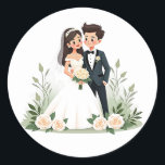 Elegant bröllop Sticker Runt Klistermärke<br><div class="desc">Tecknadens klistermärke för en brud och groom omgiven av ro,  perfekt för bröllop dekorationer och hälsningskort.</div>