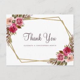 Elegant bröllop Tack Blommigt Guld Ram Vykort