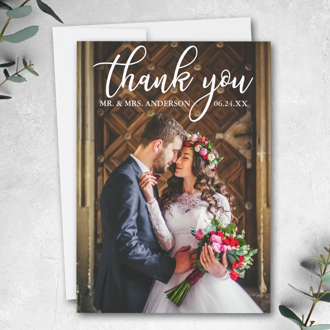 Elegant bröllop Tack Bride and Groom Photo Kort (Customize to add text or more photos to back of card.)