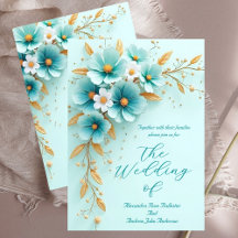 Elegant Bröllop Teal Blå Vitt Guld Blommor