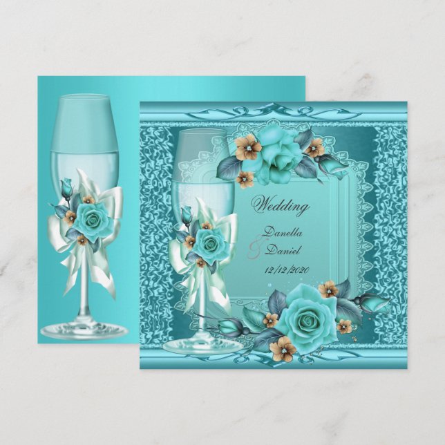 Elegant bröllop Teal Blue Beige Ro Flowers Inbjudningar (Fram/baksida)