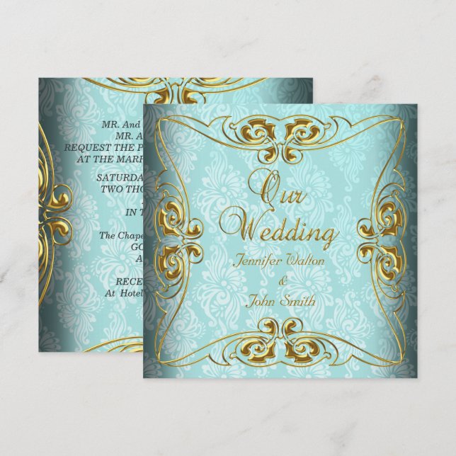 Elegant bröllop Teal Blue Guld Damask Inbjudningar (Fram/baksida)