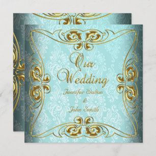 Elegant bröllop Teal Blue Guld Damask Inbjudningar