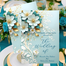 Elegant bröllop Teal Blue White Guld Blommigt orna Inbjudningar