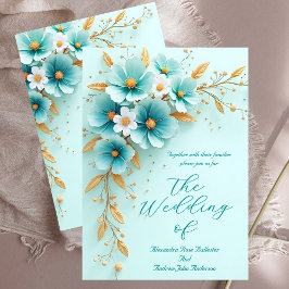 Elegant bröllop Teal Blue White Guld Flowers Inbjudningar