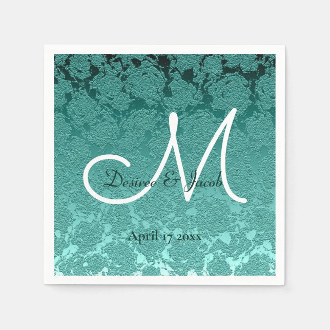 Elegant bröllop Teal Grönt White Monogram Pappersservett (Framsidan)