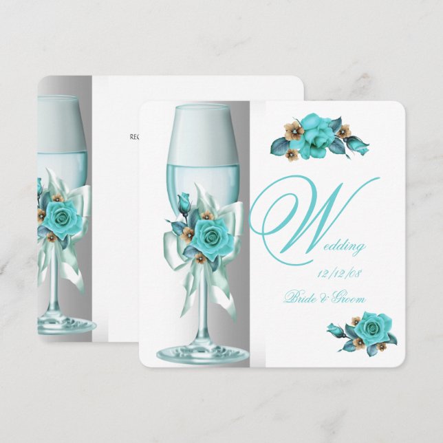 Elegant bröllop Teal Vit Beige Ros Champagne Inbjudningar (Fram/baksida)