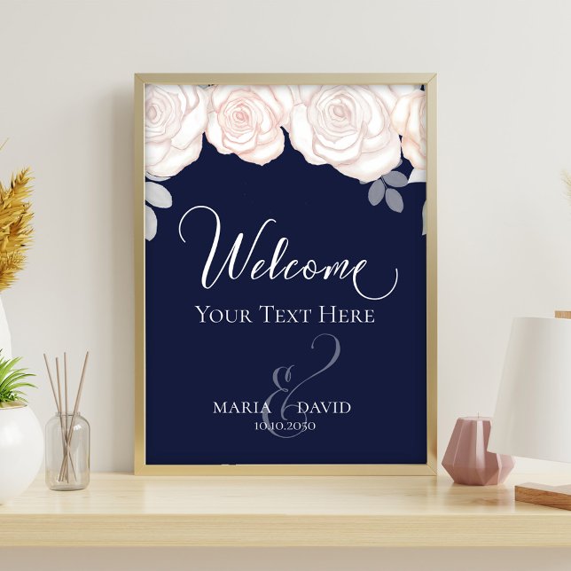 Elegant bröllop Välkommen att Skapa din egen marin Reklamblad (Navy blue wedding welcome sign with blush roses and elegant script typography.)