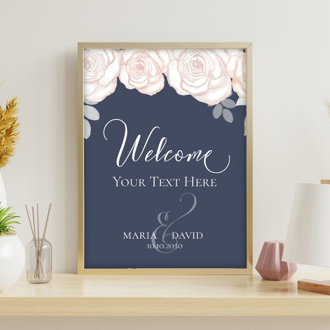 Elegant bröllop Välkommen att Skapa din egen slung Reklamblad (Dusty blue wedding welcome sign with blush roses and elegant calligraphy script design.)