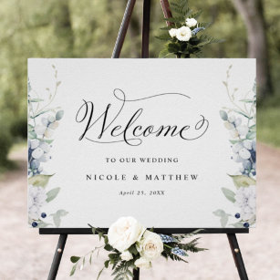 Elegant bröllop Välkomstskylt, vit blå Blommigt Poster