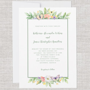 Elegant Bröllop Vattenfärg Blommig Fjäril Grön Inbjudningar