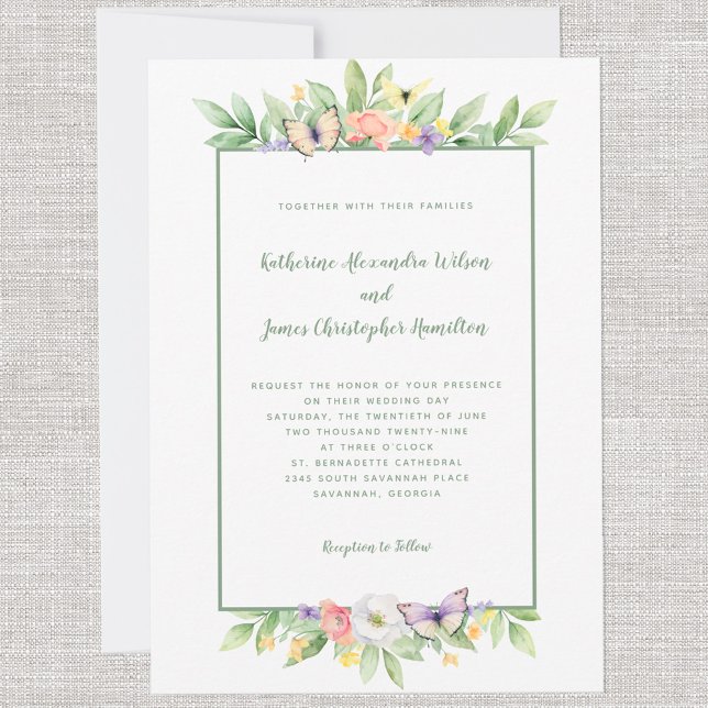 Elegant Bröllop Vattenfärg Blommig Fjäril Grön Inbjudningar (Elegant Wedding Watercolor Floral Butterfly Green Invitation)