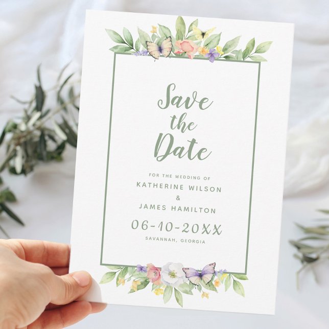 Elegant Bröllop Vattenfärg Blommig Fjäril Grön Spara Datumet (Elegant Wedding Watercolor Floral Butterfly Green Save The Date)