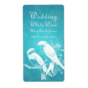 Elegant bröllop Vin-etiketten Love birds Blue Fraktsedel