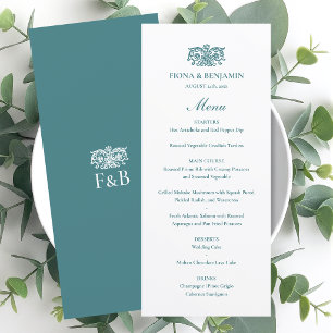 Elegant Bröllop Vintage Blommig Monogram Teal Meny