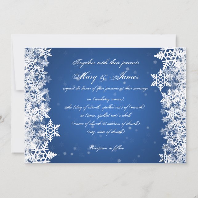 Elegant Bröllop Vinter Snöflingor Blå Safir Inbjudningar (Baksida)