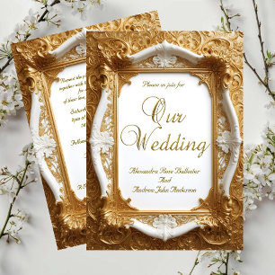 Elegant bröllop vit guld utsmyckad ram inbjudningar