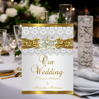 Elegant Bröllop Vit Pärla Guld Spets Blommig  Inbjudningar