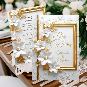 Elegant Bröllop Vit Präglad Guld Diamant Blommig Inbjudningar