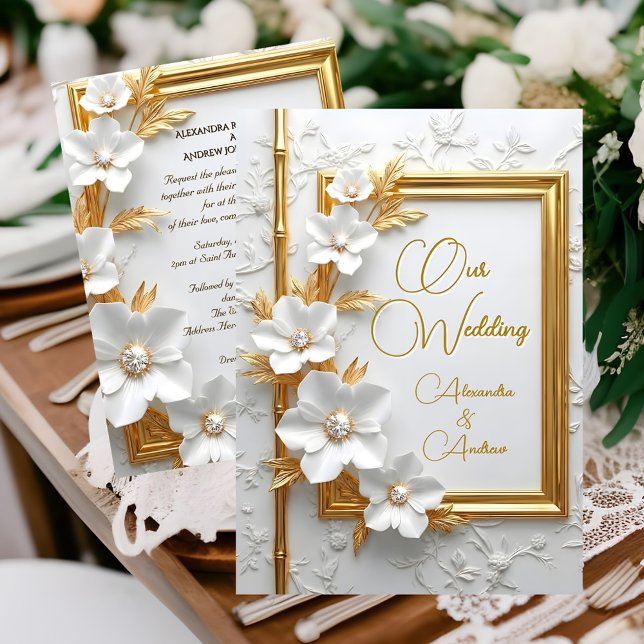 Elegant Bröllop Vit Präglad Guld Diamant Blommig Inbjudningar (Skapare uppladdad)