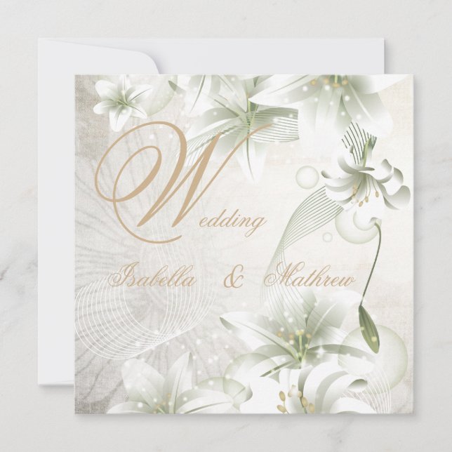 Elegant bröllop vita blommor beige guld blommig inbjudningar (Framsida)