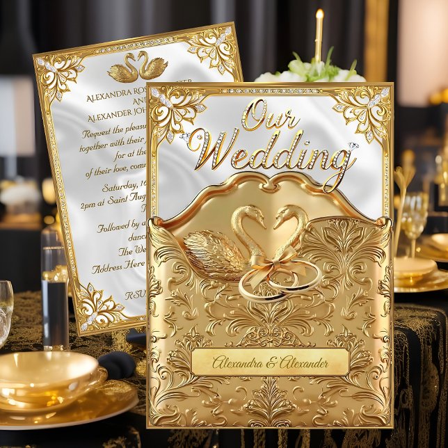 Elegant Bröllop Vita Svanar Ringar Guld Diamanter Inbjudningar (Skapare uppladdad)