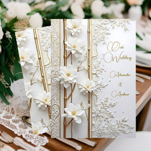 Elegant Bröllop Vitt Guld Blommig Bambu Elite Inbjudningar