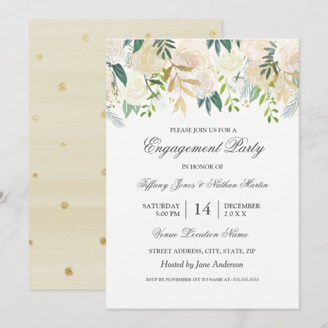 Elegant Bröllop Watercolor Blommig Guld Förlovning Inbjudningar (Fram/baksida)