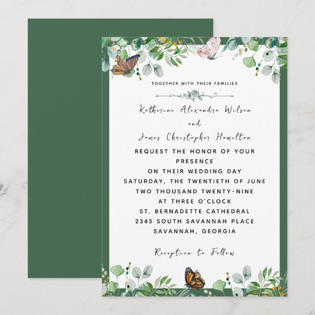 Elegant bröllop Watercolor Blommigt Butterfly Grön Inbjudningar (Fram/baksida)