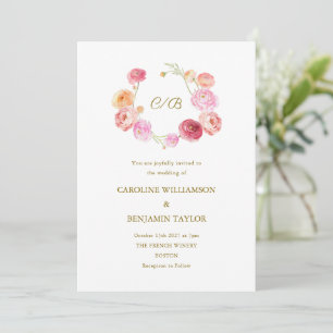 Elegant bröllop Watercolor Ranunculus Blommigt Ros Inbjudningar
