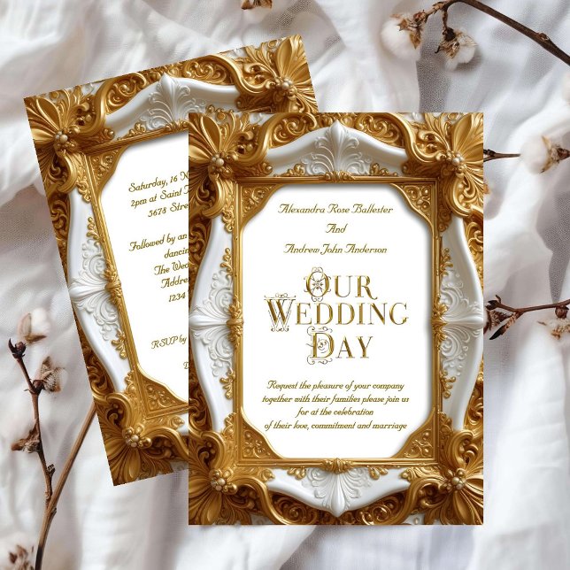 Elegant bröllop White Guld Ornate Ram Plate Inbjudningar (Skapare uppladdad)