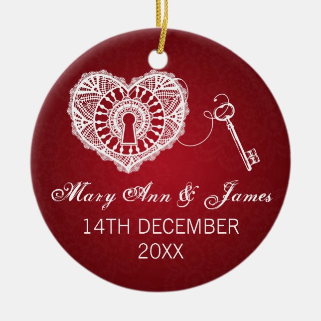 Elegant bröllopfavörnyckel till min röda hjärta julgransprydnad keramik (Framsidan)