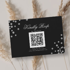 Elegant bröllops-QR RSVP Silverkonfetti svart OSA Kort