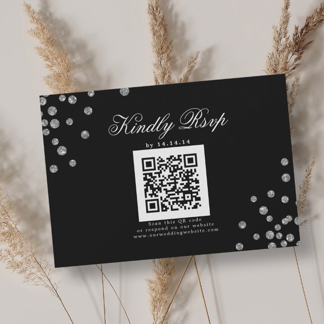 Elegant bröllops-QR RSVP Silverkonfetti svart OSA Kort (Elegant Wedding QR RSVP Silver Confetti Black)
