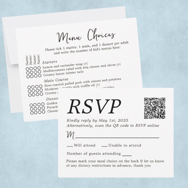 Elegant bröllops-RSVP menyval för 4 gäster kort (Elegant Wedding RSVP Menu Choices 4 Guests Card
)