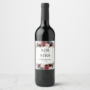 Elegant bröllopsblomma Burgundy Blå Guld Vinflaska Etikett