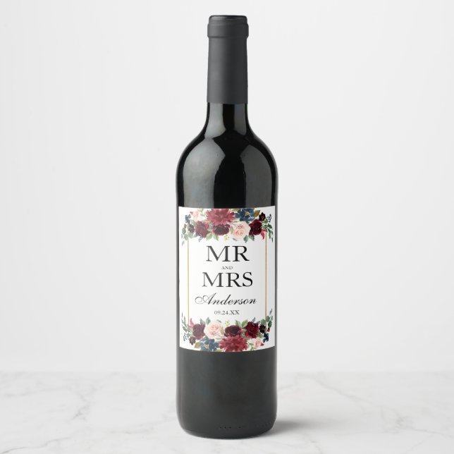 Elegant bröllopsblomma Burgundy Blå Guld Vinflaska Etikett (Framsida)
