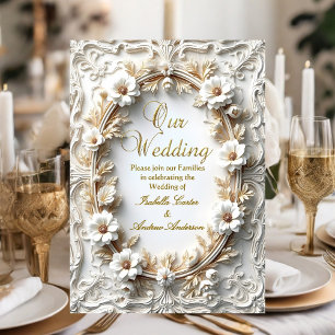 Elegant bröllopsblomma guld vit utsmyckad ram inbjudningar