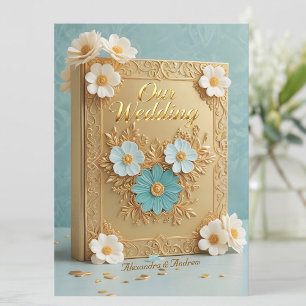 Elegant bröllopsbok Blå vit guld blommor Inbjudningar