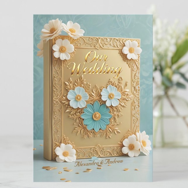 Elegant bröllopsbok Blå vit guld blommor Inbjudningar (Skapare uppladdad)