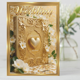 Elegant bröllopsbok Guld Hjarta Vita Blommor Inbjudningar