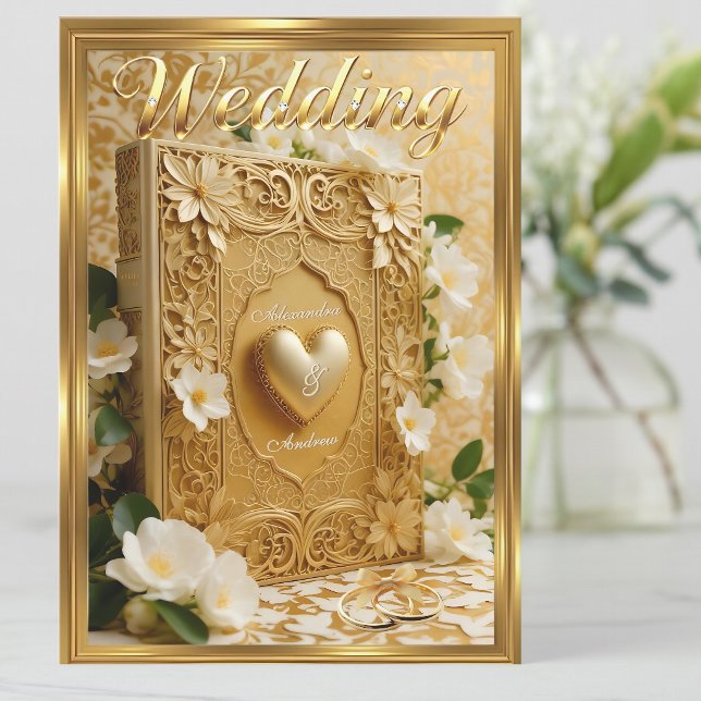 Elegant bröllopsbok Guld Hjarta Vita Blommor Inbjudningar (Skapare uppladdad)
