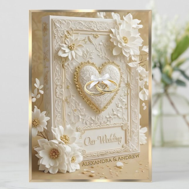 Elegant bröllopsbok Guld Hjärtlak White Blommor Inbjudningar (Skapare uppladdad)