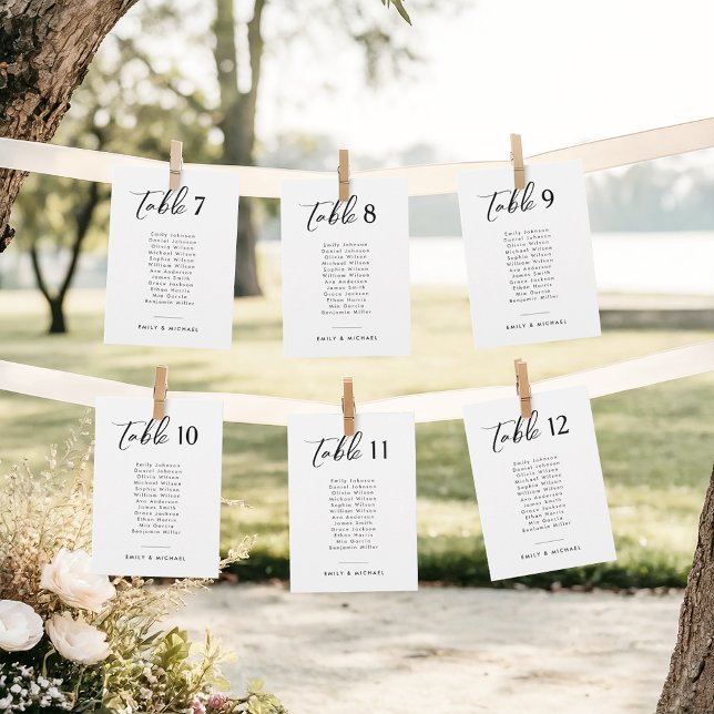 Elegant bröllopsbordnummer med namn i scriptstil inbjudningar (White customizable wedding table number with black text listing guest names  pegged to string line)