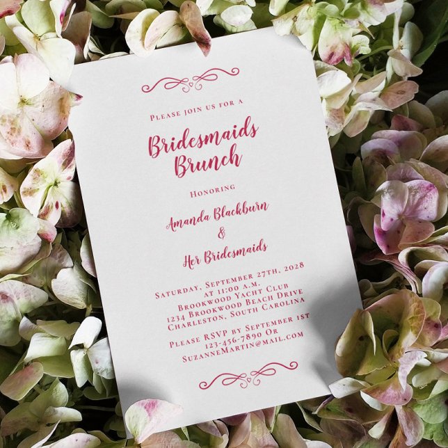 Elegant Bröllopsbrunch Brudtärnor Magenta Röd Chic Inbjudningar (Elegant Bridal Brunch Bridesmaids Magenta Red Chic Invitation)