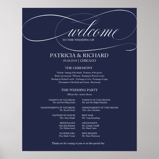 Elegant bröllopsceremoni Program Marinblå Poster (Framsidan)