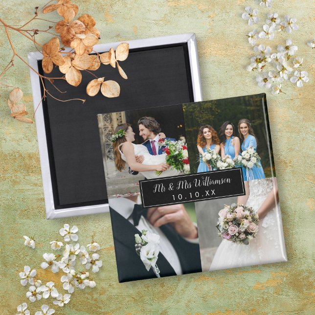 Elegant bröllopsdags fotocollage magnet (Elegant Wedding Day Photo Collage Magnet)