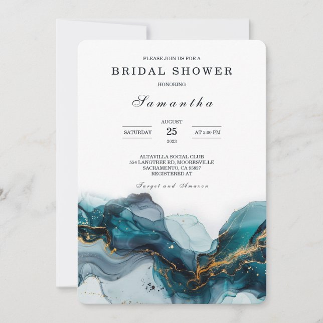 Elegant bröllopsdusch i teal och guldmarmor inbjudningar (Framsida)