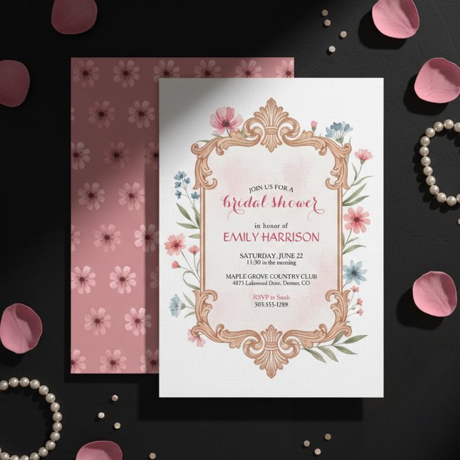 Elegant bröllopsdusch-inbjudan i blomstil med ram inbjudningar (Skapare uppladdad)