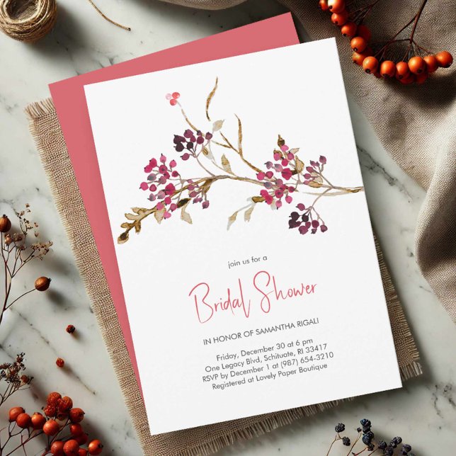 Elegant Bröllopsdusch Julfest  Inbjudningar (Rustic bridal shower invitations watercolor red berries and botanicals)
